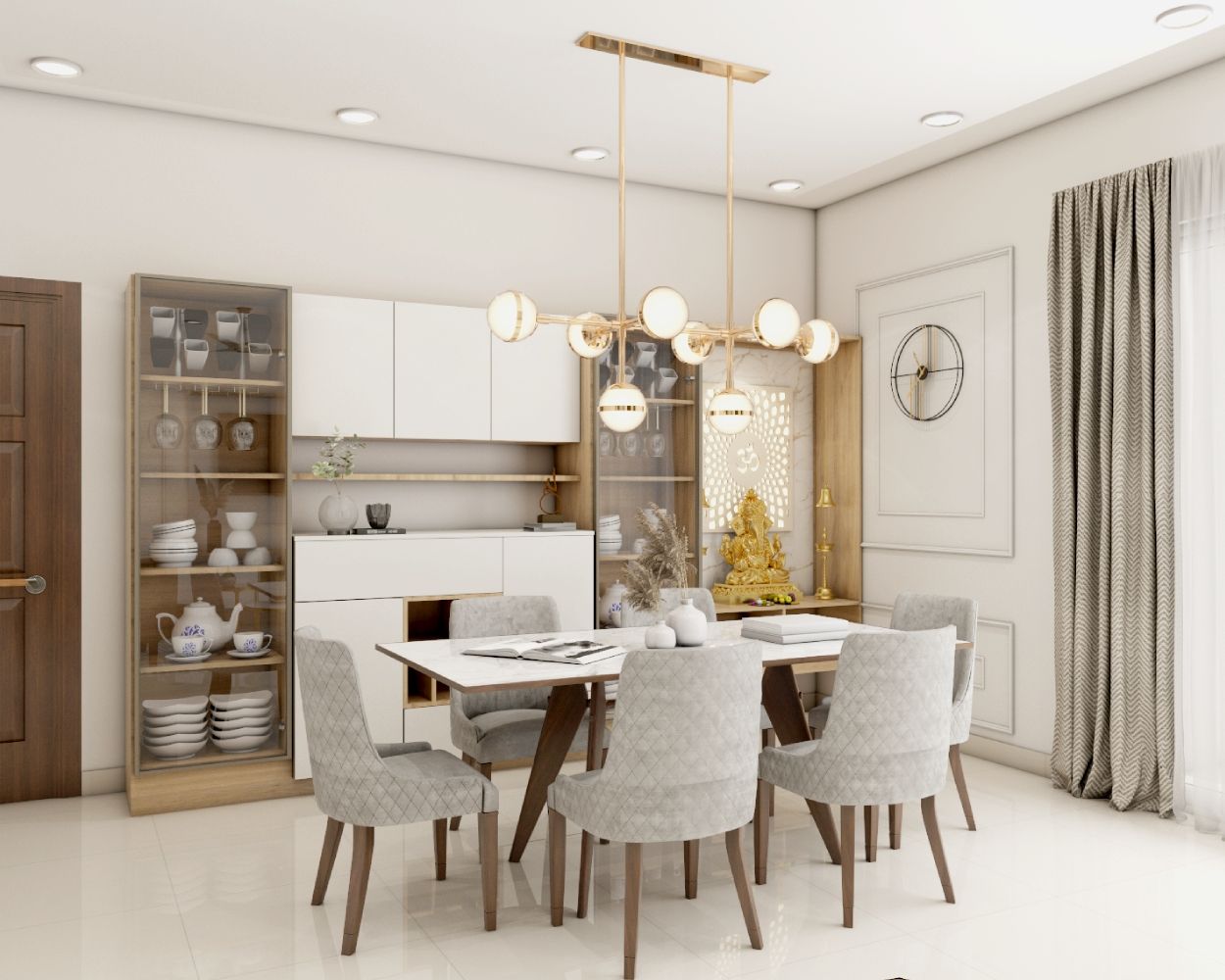 Contemporary 6-Seater White And Wood Dining Room Design With Ornate Chandelier