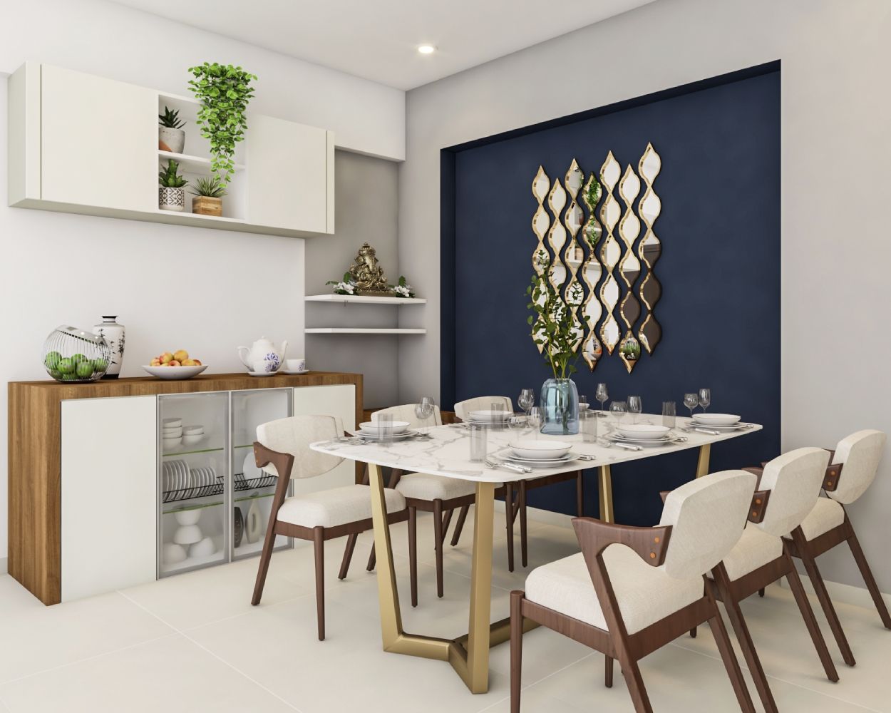 Modern 6-Seater White And Wood Dining Room Design With Dark Blue Accent Wall