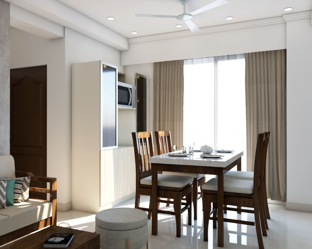 4-Seater Dining Room Design With Light Wood Storage Unit | Livspace