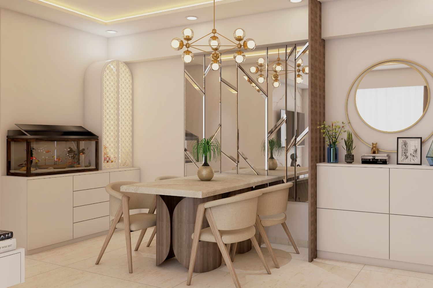 Contemporary 4-Seater Wood And Beige Dining Room Design With Ornamental Chandelier