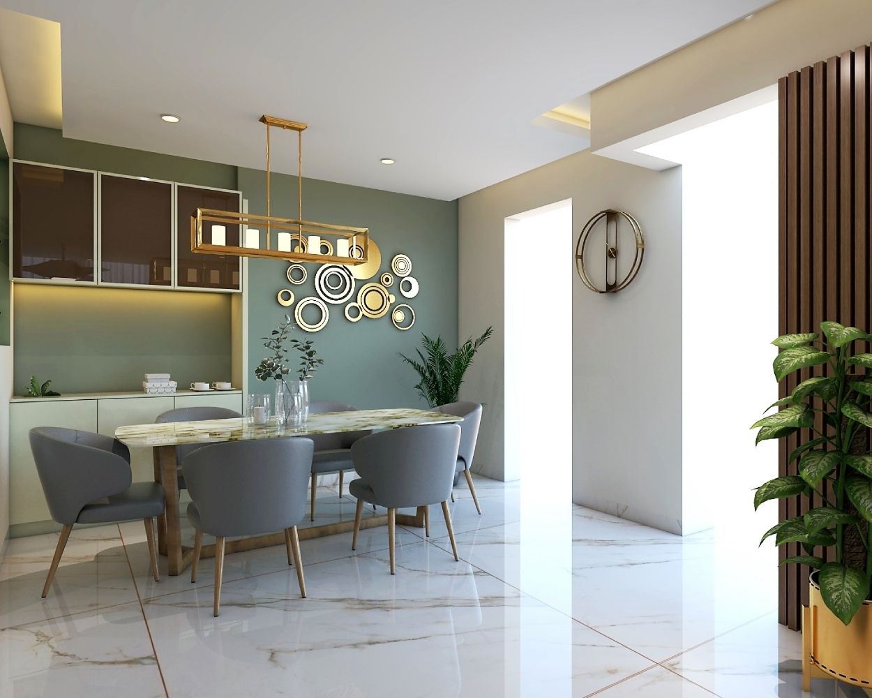 Contemporary 6-Seater Marble And White Dining Room Design With Marble Flooring