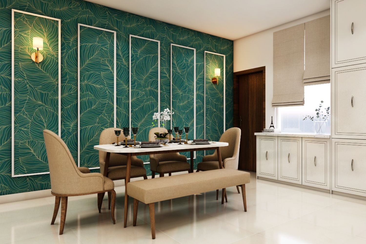 Contemporary 6-Seater Dining Room Design With Dark Green Leafy Wallpaper
