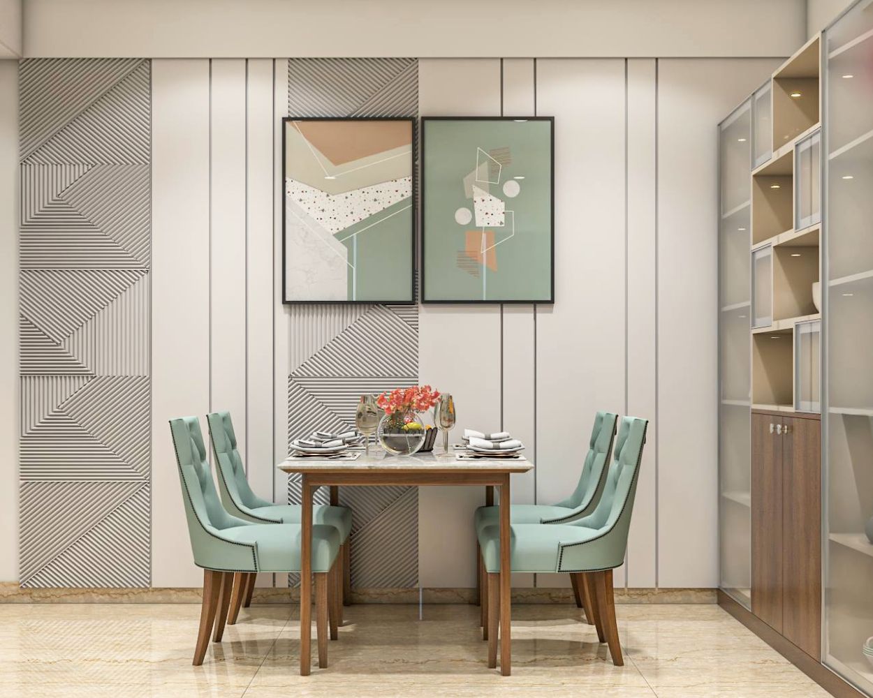 Modern 4-Seater Dining Room Design With Wood And Frosted Glass Storage Unit