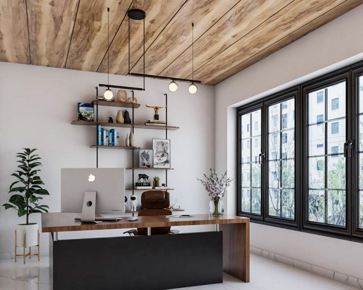 Industrial Single-Layered Wooden Ceiling Design With Chandelier