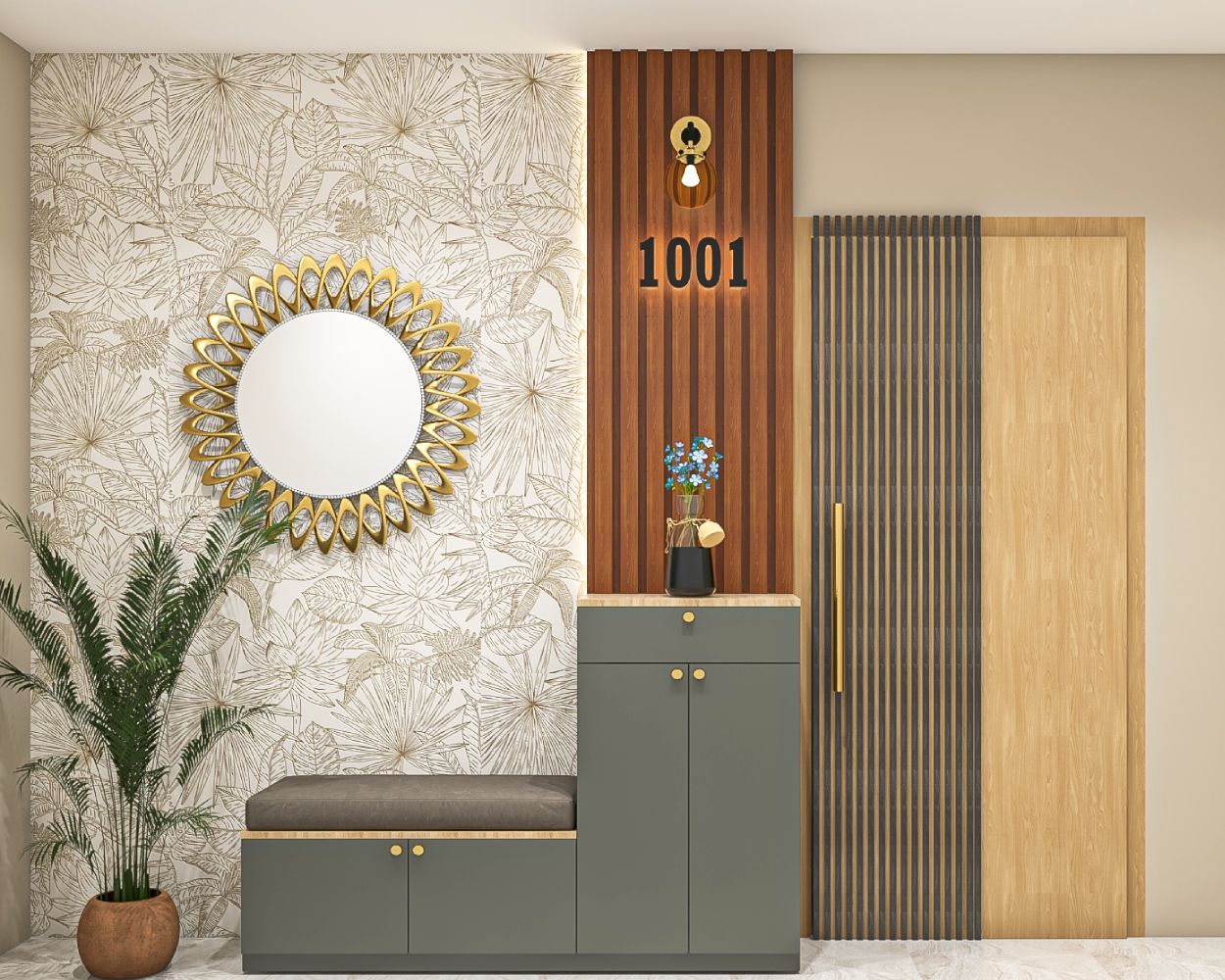 Contemporary Foyer Design With Leafy Wallpaper