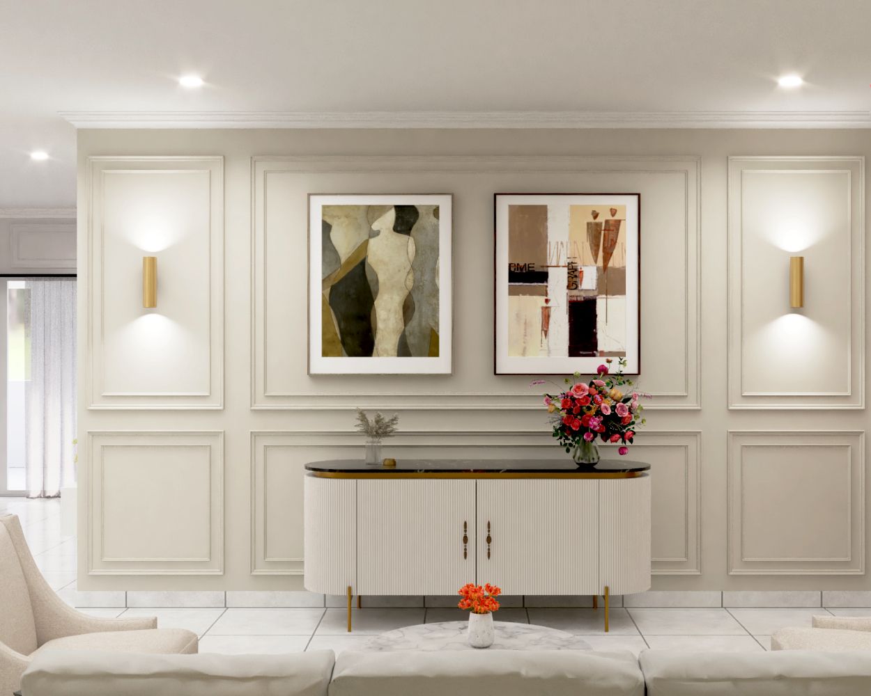 Contemporary Foyer Design With Beige Wall And Wall Trims