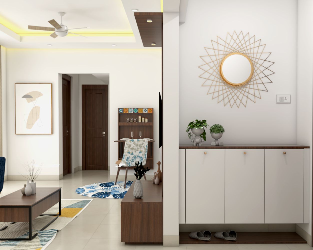 Modern Frosty White Foyer Design With Closed Cabinet Storage