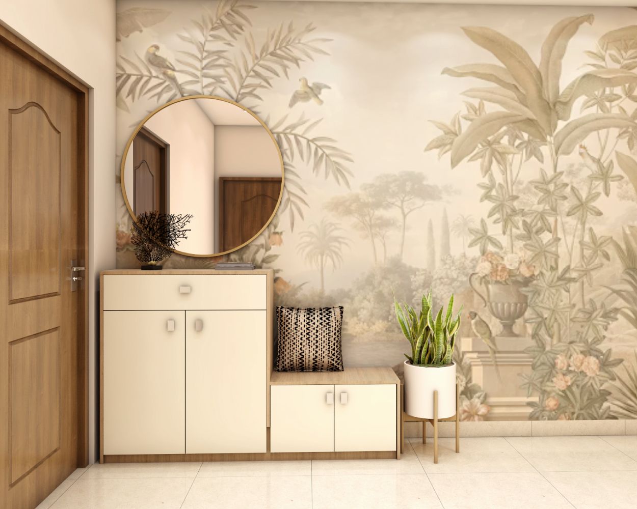 Tropical Foyer Design With Shoe Cabinet