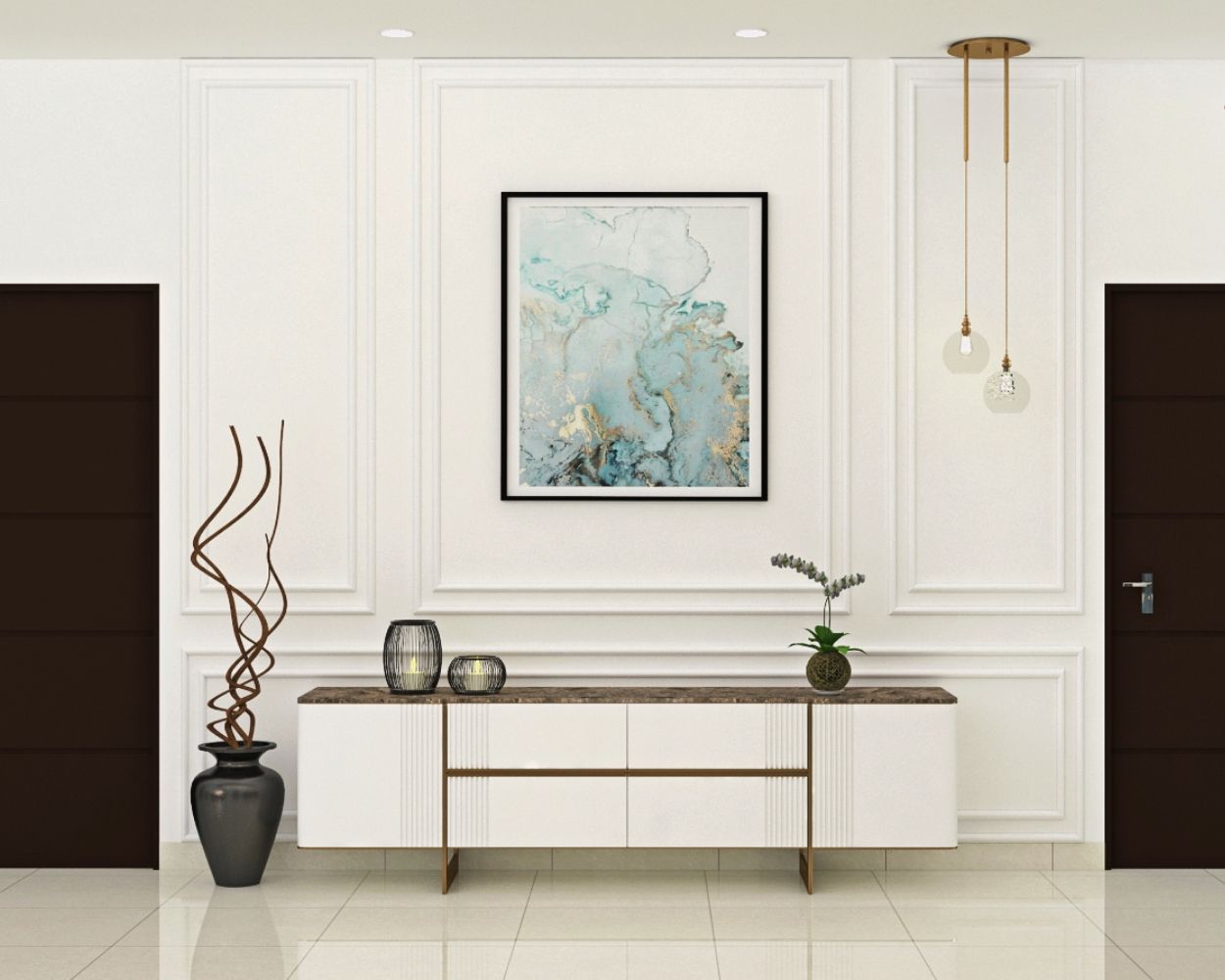 Contemporary Frosty White And Brown Foyer Design With Abstract Wall Painting