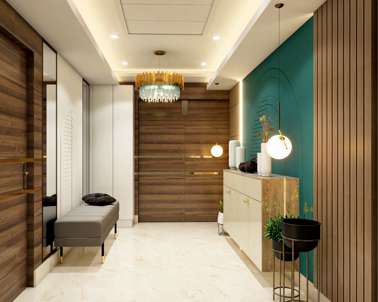 Contemporary Champagne Toned And Teak Foyer Design With Wooden Wall And Mirror