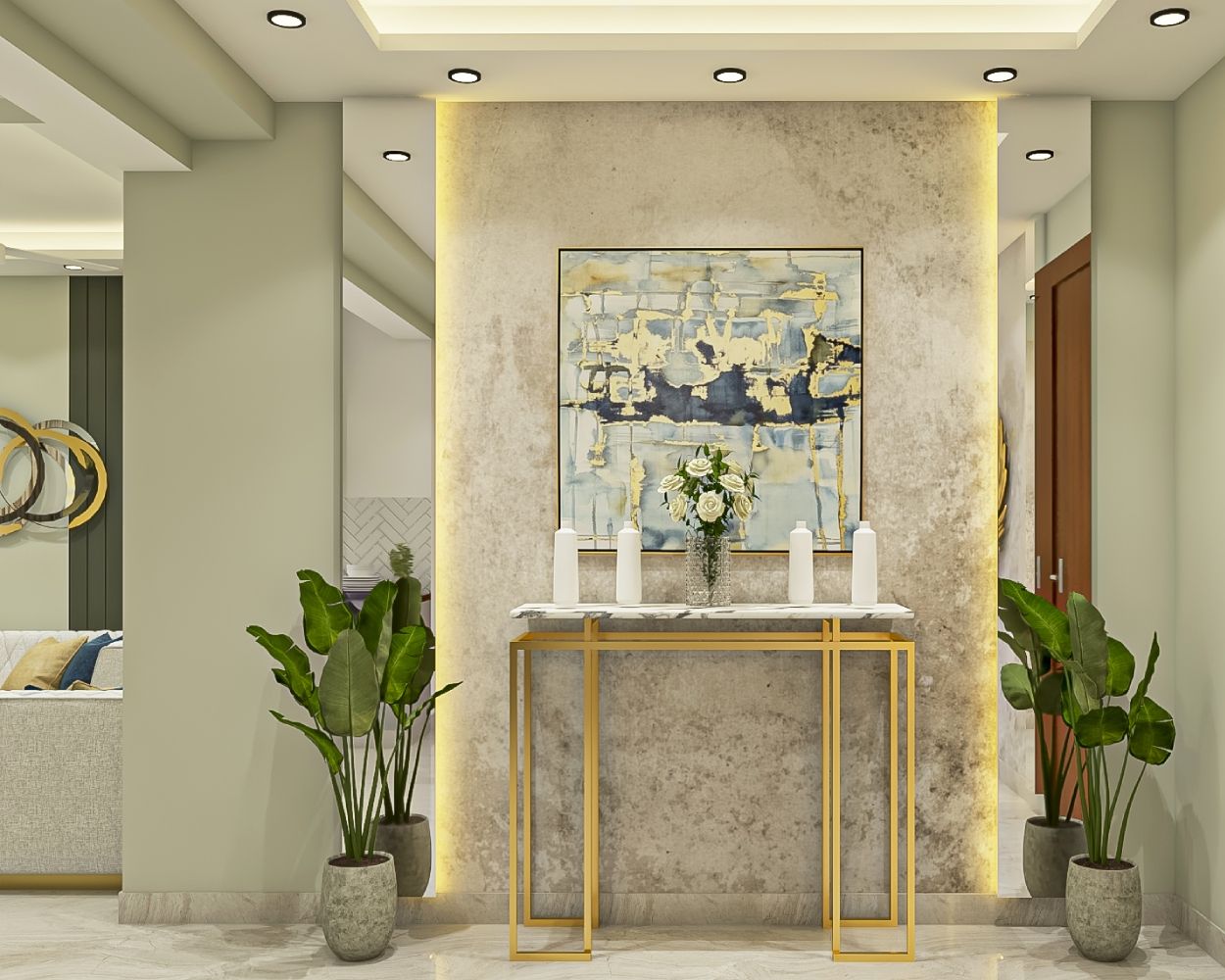 Contemporary Foyer Design With Beige Textured Wal And Mirrored Panel