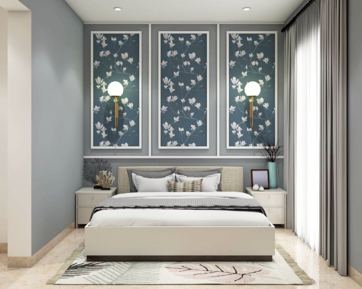 Modern Grey Guest Room Design With Floral Wallpaper