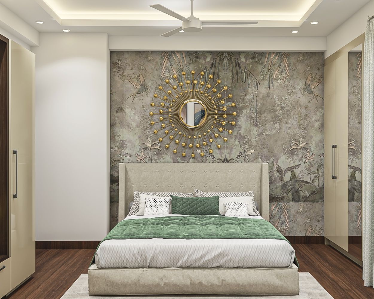 Contemporary Guest Room Design With Grey-Themed Tropical Wallpaper