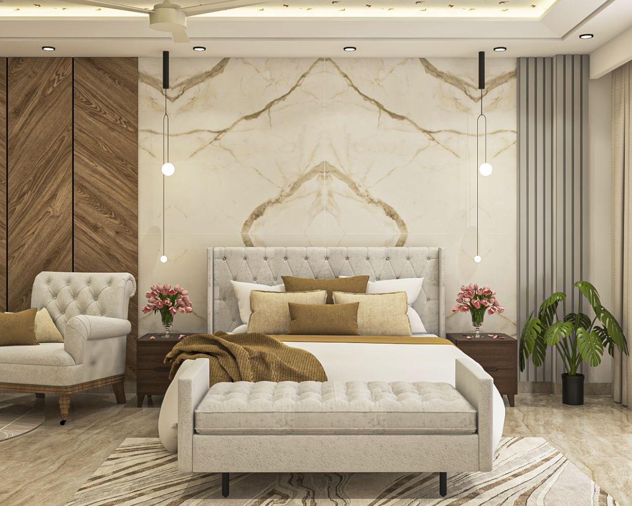 Contemporary Guest Bedroom Design WIth Wooden Wall Panel And Symmetrical Marble Wall