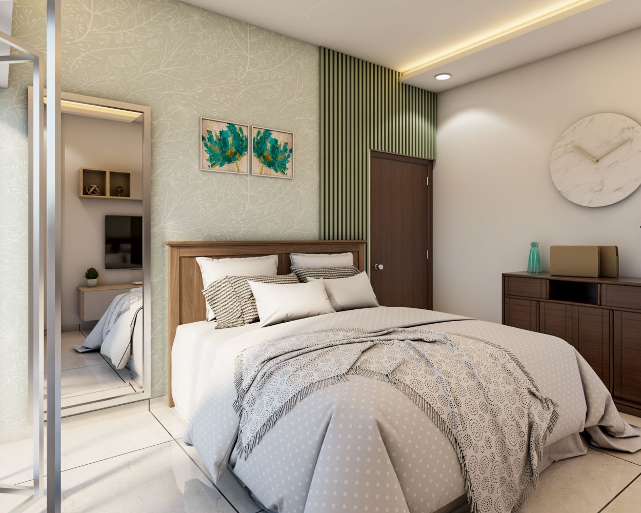 Modern Guest Room Design With Pastel Green Acent Wall And Leafy Motifs