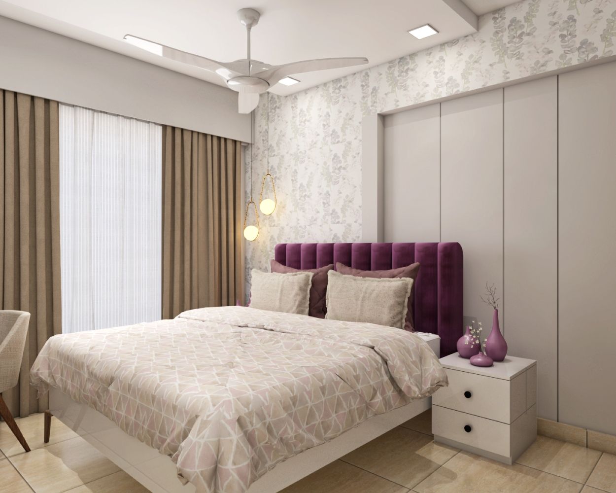 Modern Guest Room Design With Purple Tufted Headboard And Leafy Wallpaper