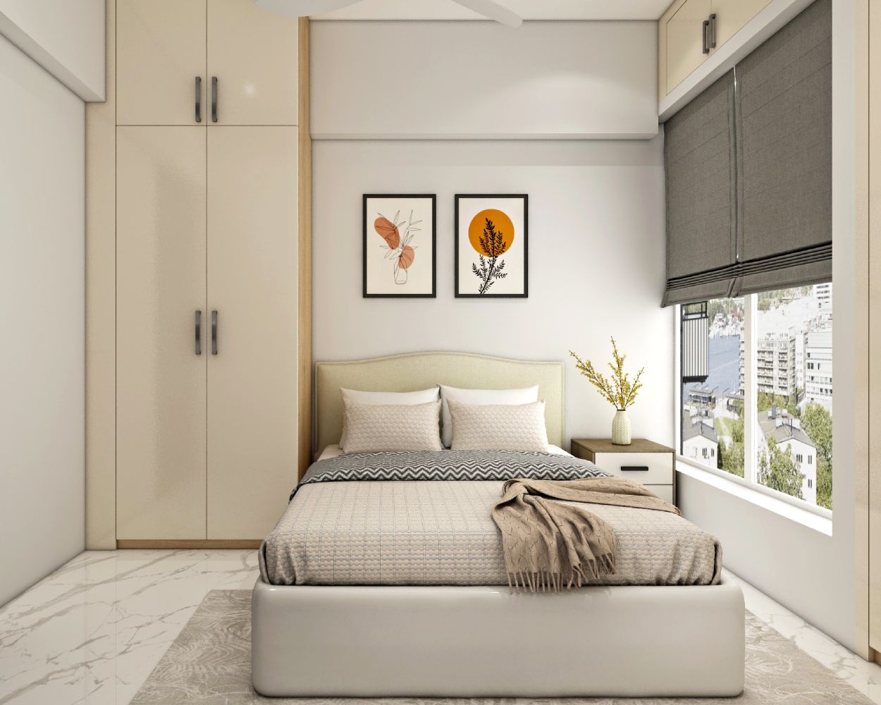 Modern Beige Guest Room Design With 2-Door Swing Wardrobe