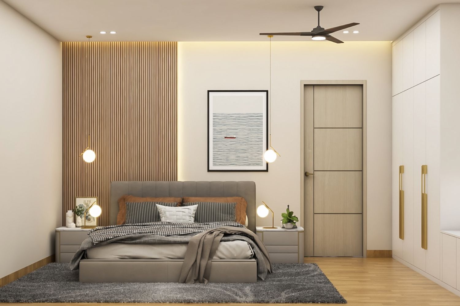 Modern Guest Bedroom Design With Fluted Wall Panels And LED Lighting