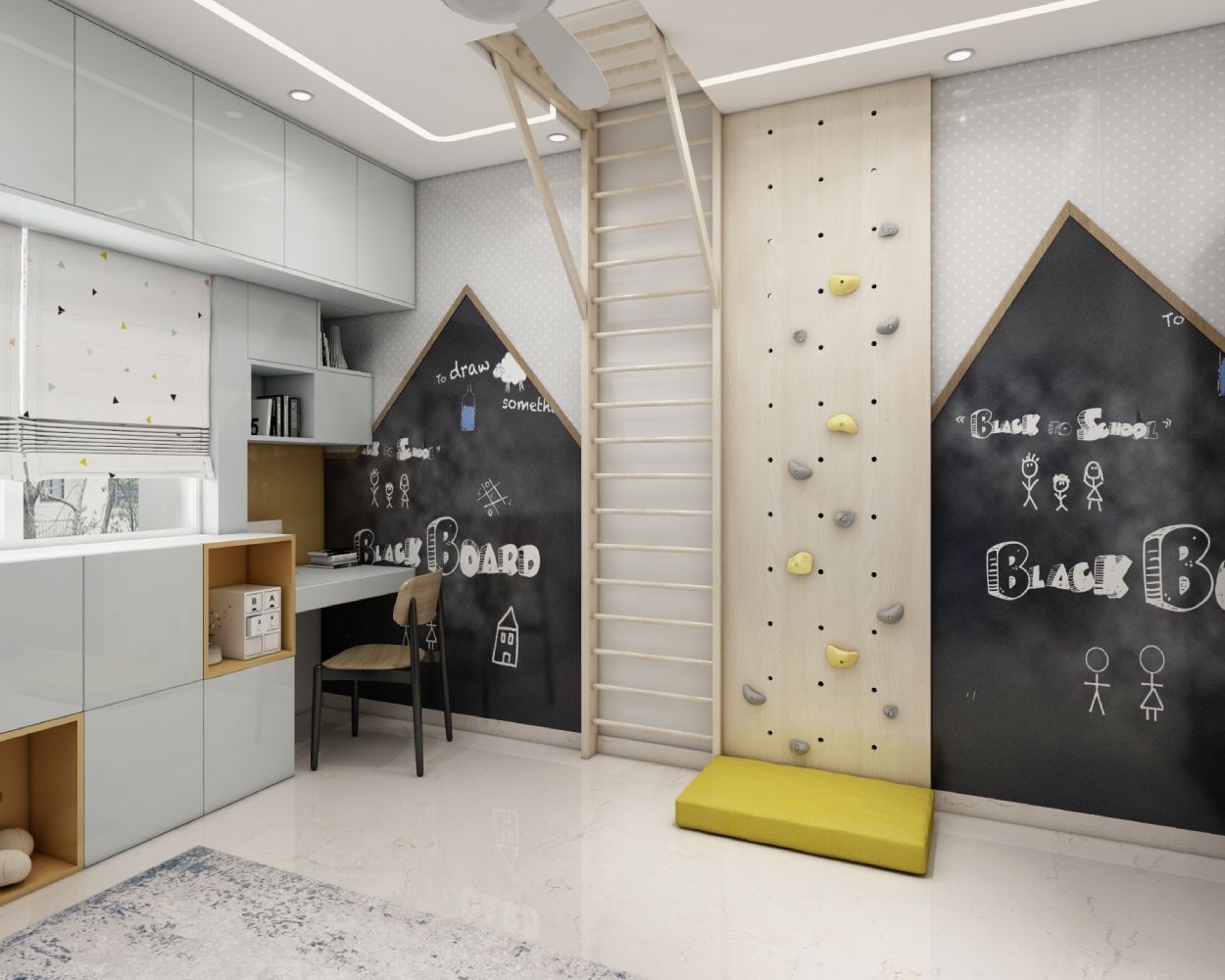 Modern Kids Bedroom Design With Blackboard And Rock Climbing Wall