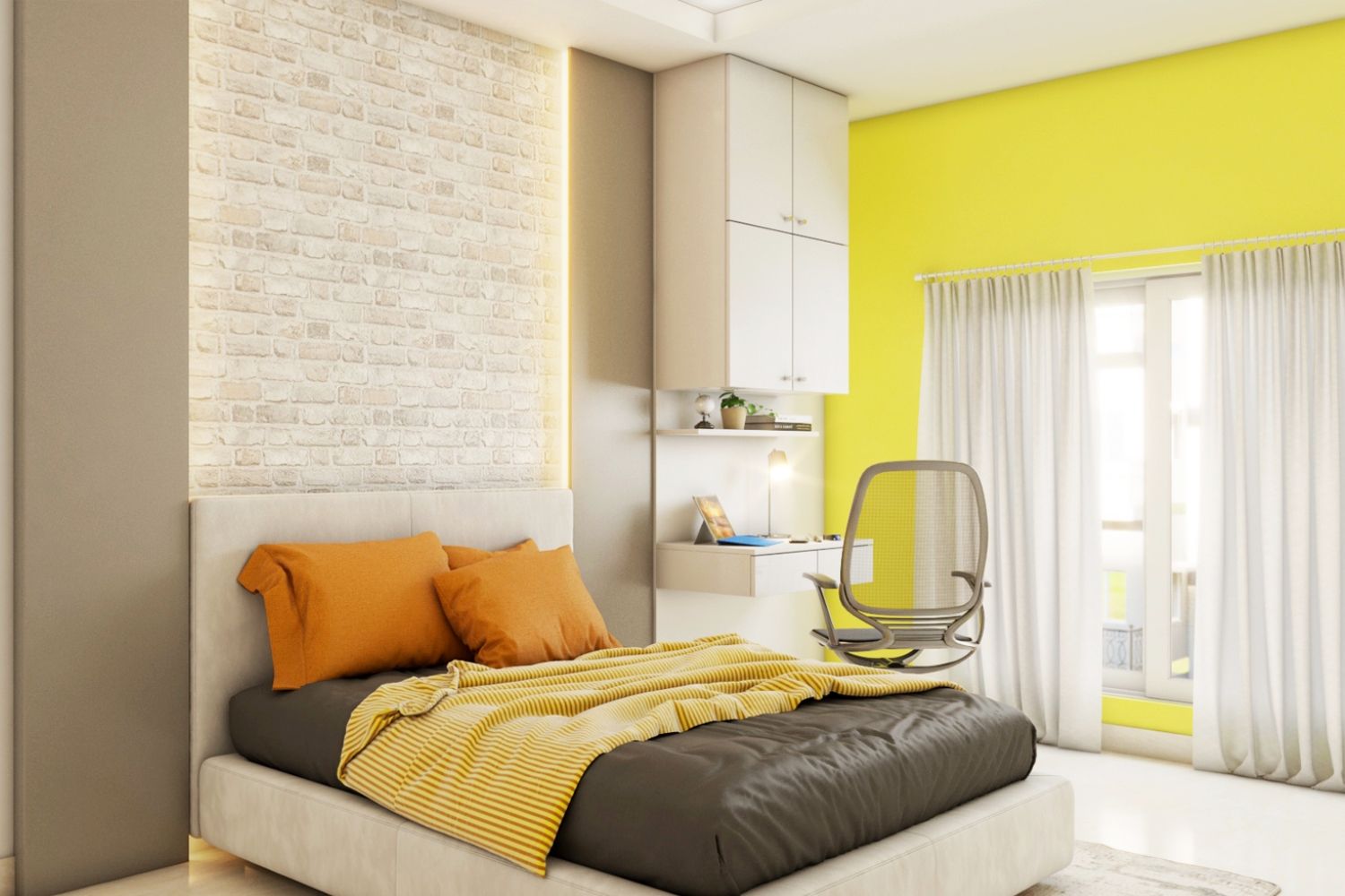 Kids Room Design With Bright Yellow And White Brick Accent Walls | Livspace