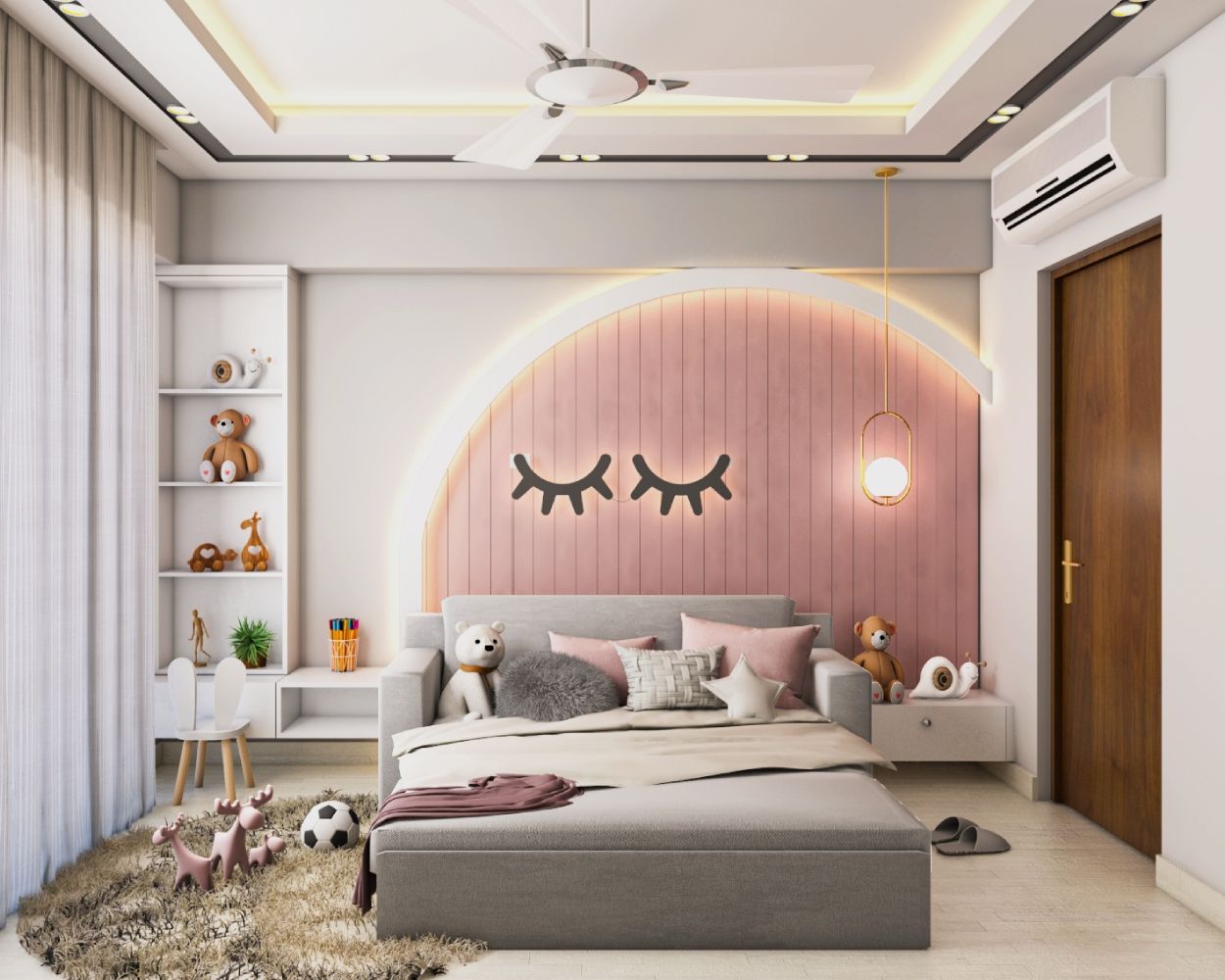 Art Deco Kids Bedroom Design With Arc Pink Panels And White Frame