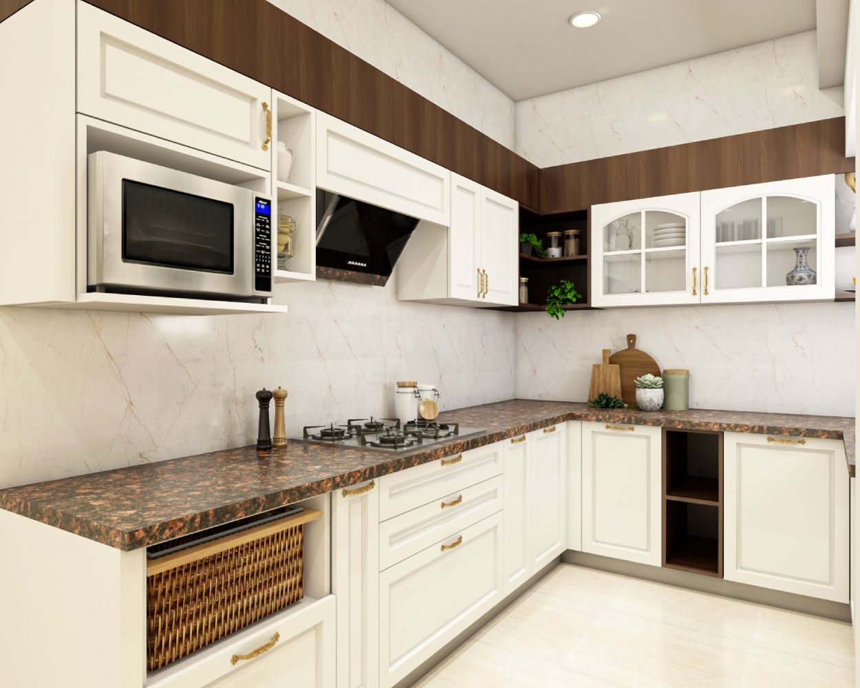 Classic White U Shaped Kitchen Design With Marble Dado Tiles