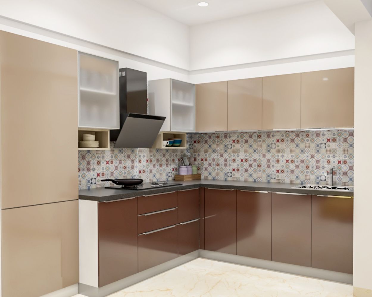 Modern L Shaped Brown And Cappuccino-Toned Modular Kitchen Design