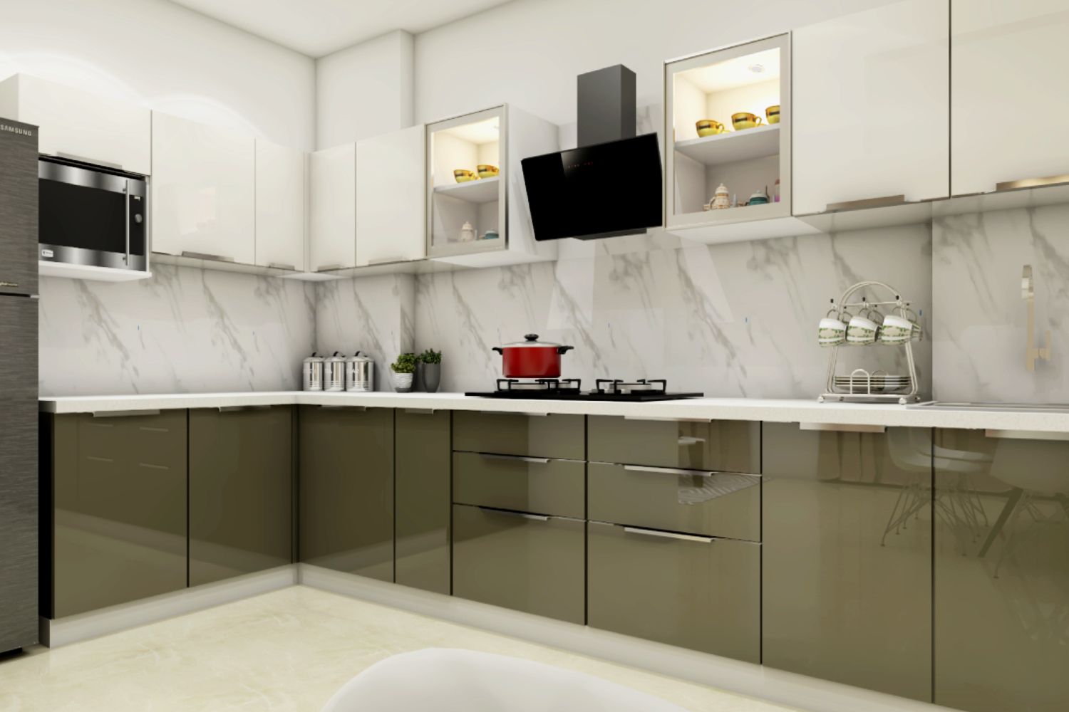 Modern Glossy Modular Green And White L Shaped Kitchen Design