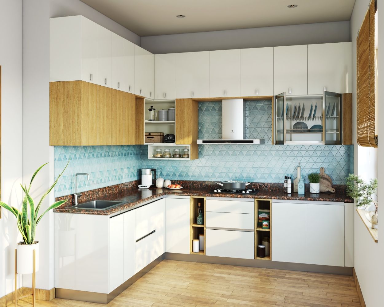 Scandinavian White And Wood L Shape Modular Kitchen Design