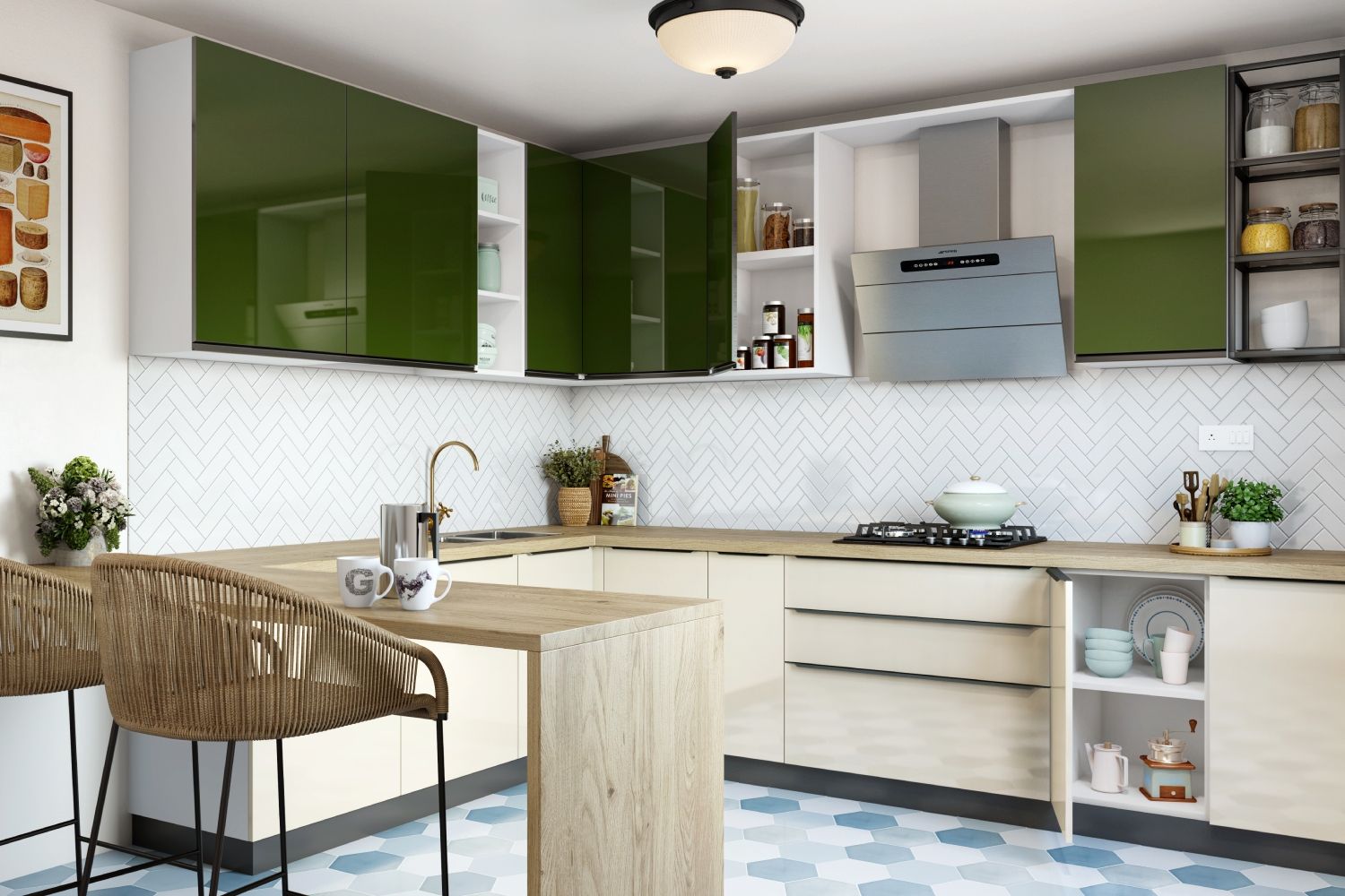 Tropical Champagne-Toned And Dessert Green L Shape Kitchen Design