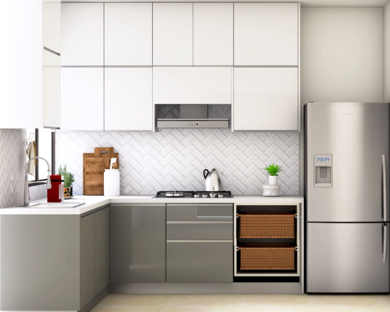 Modern Dove Grey And White Modular L Shaped Kitchen Design