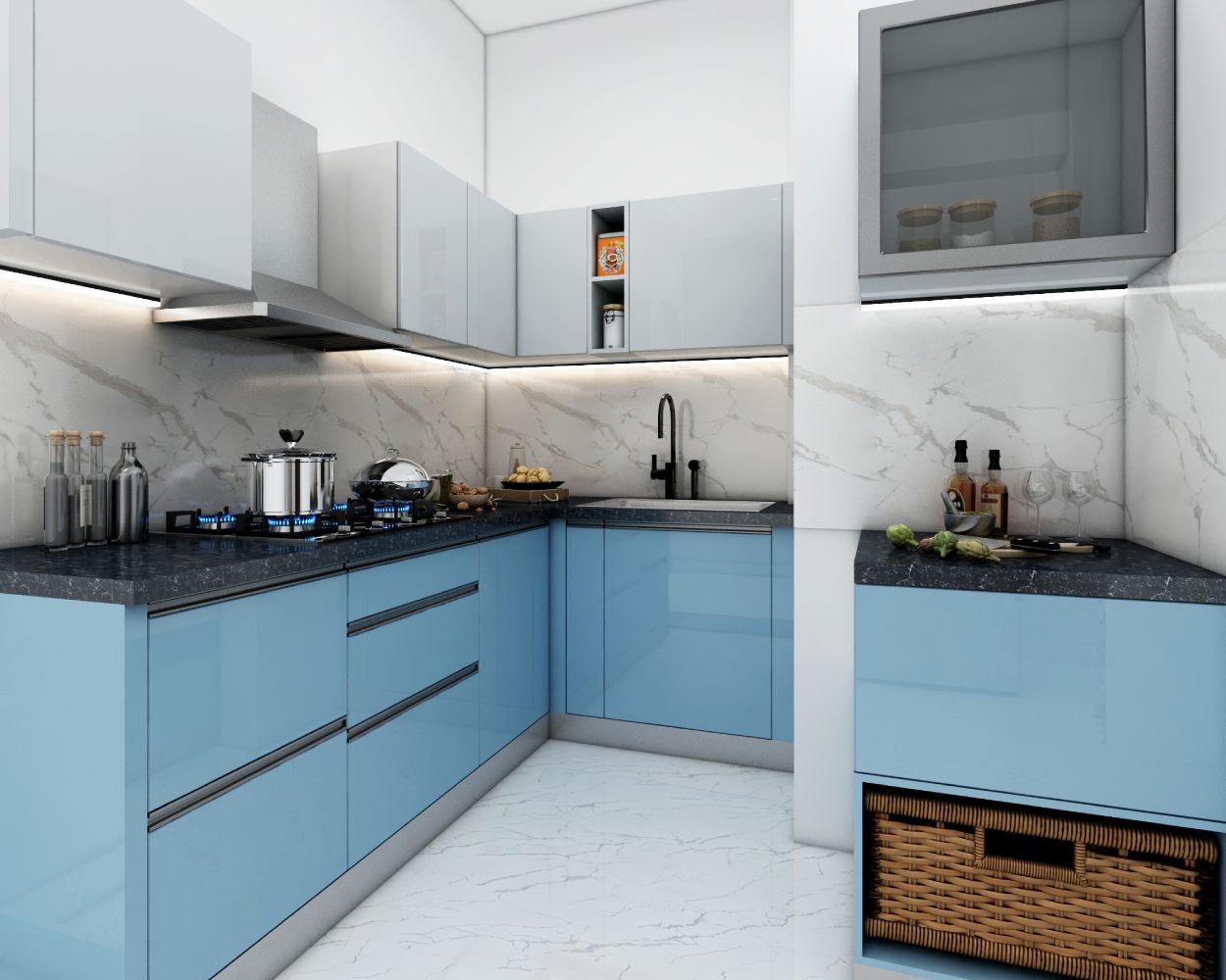 Modern Blue And Smoke Grey L Shaped Modular Kitchen Design