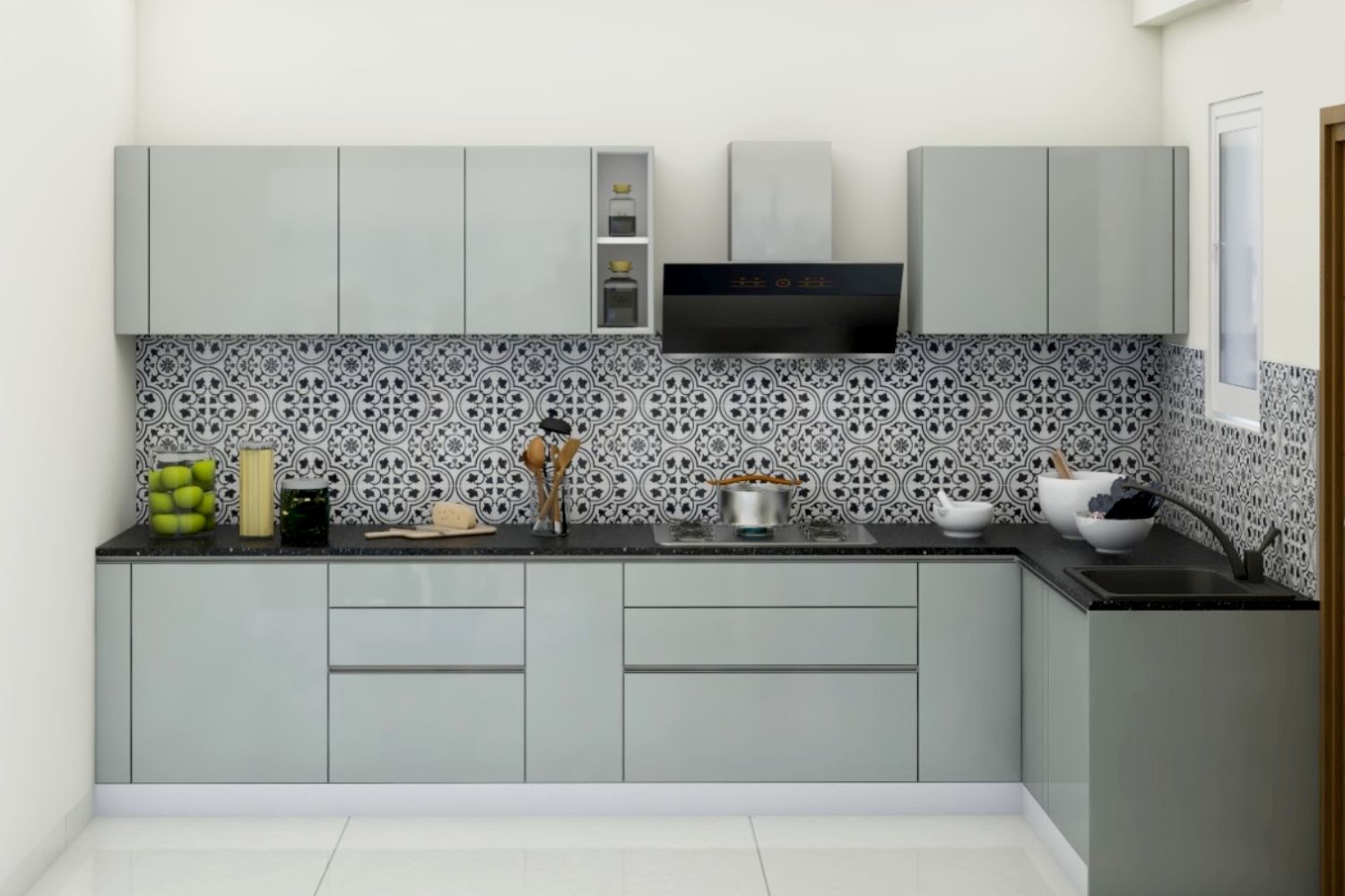 Modern Smoke Grey L Shape Kitchen Design In High Gloss Finish