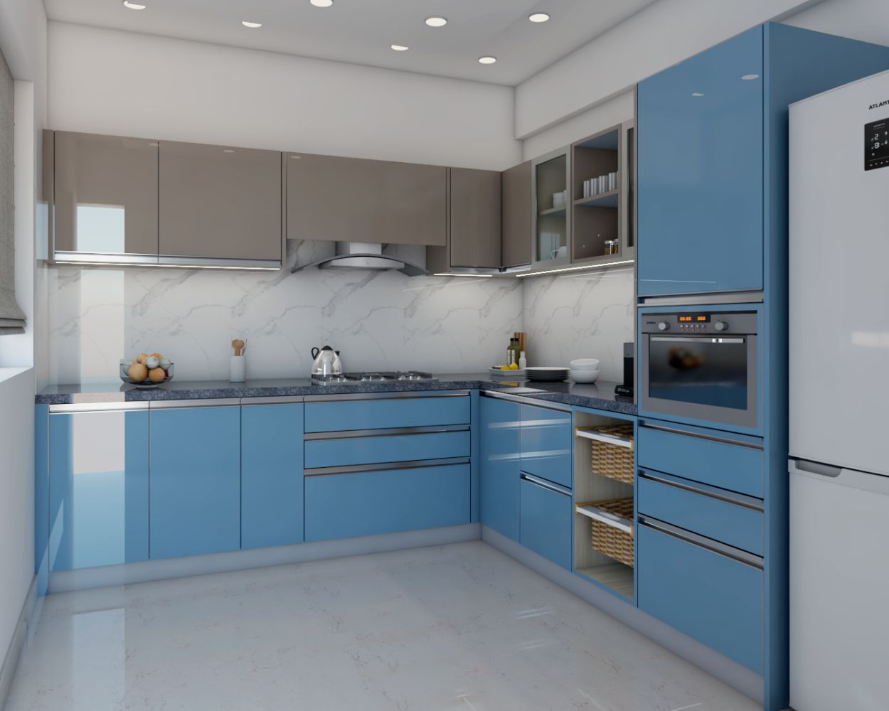 Modern Blue And Cappuccino Toned L Shaped Modular Kitchen Design