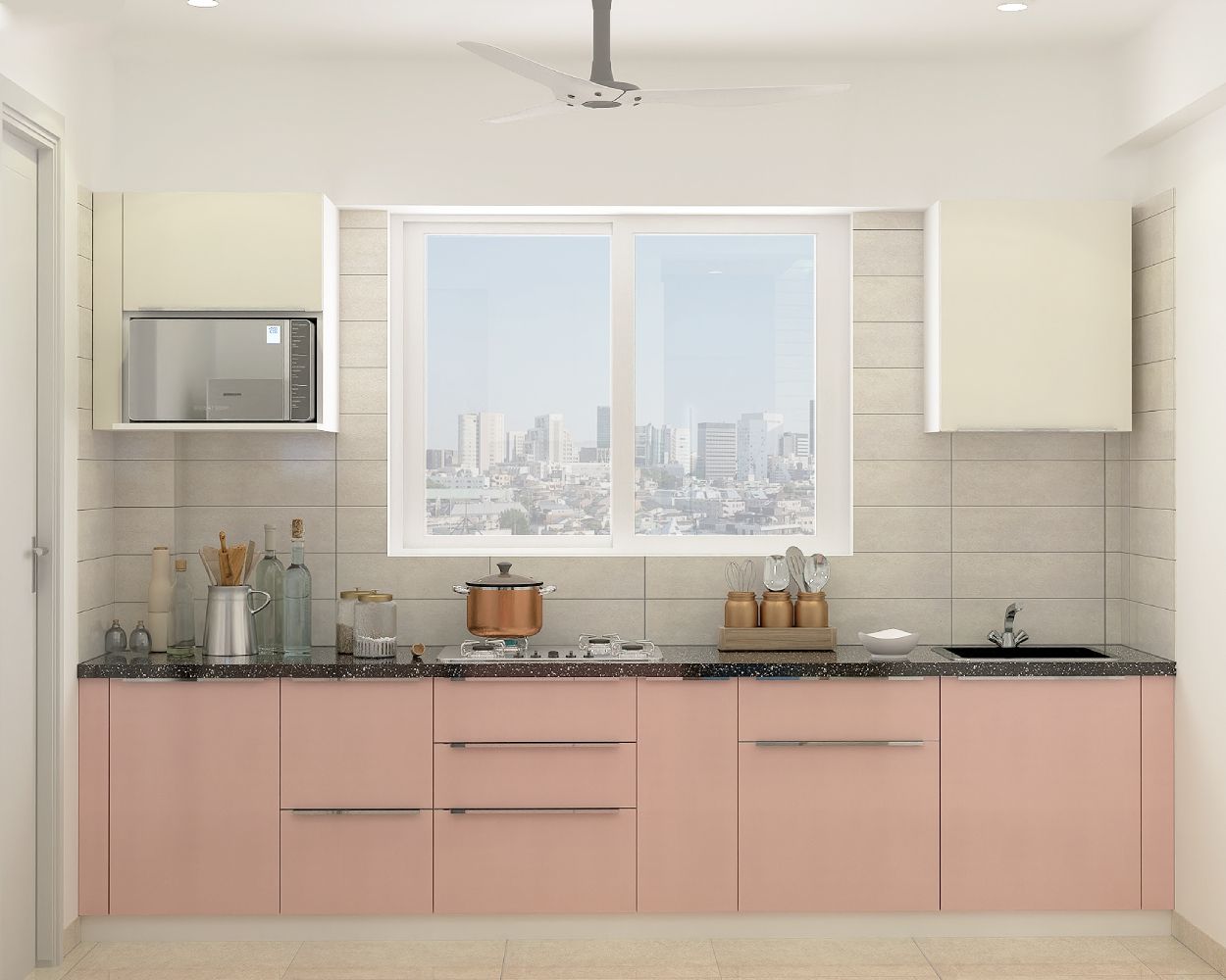 Modern Rose Granium And White Modular Parallel Kitchen Design