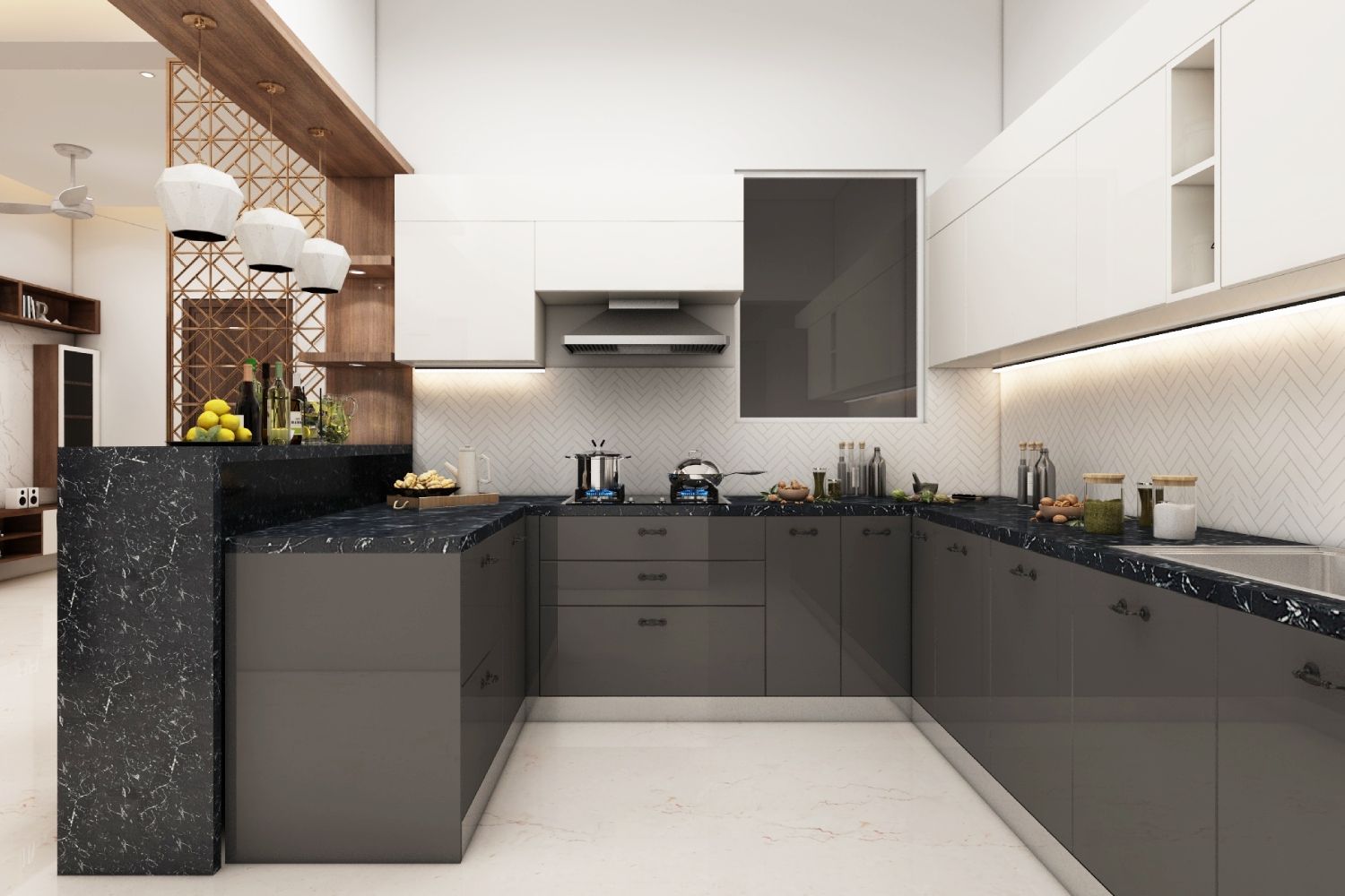 Contemporary Gothic Grey And Champagne Toned U Shaped Kitchen Design With Pendant Lights
