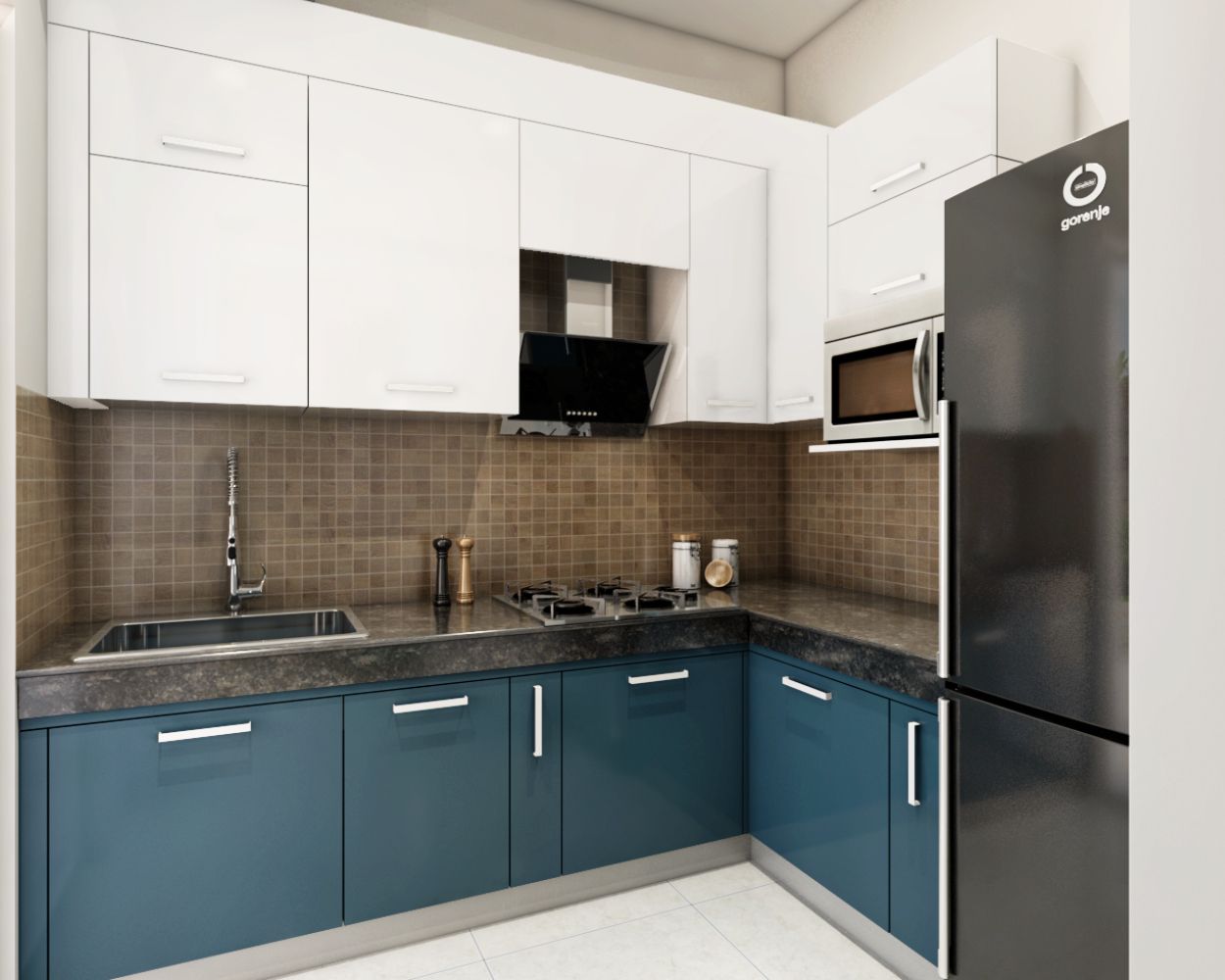 Modern Modular Shore Blue And White L Shaped Kitchen Design