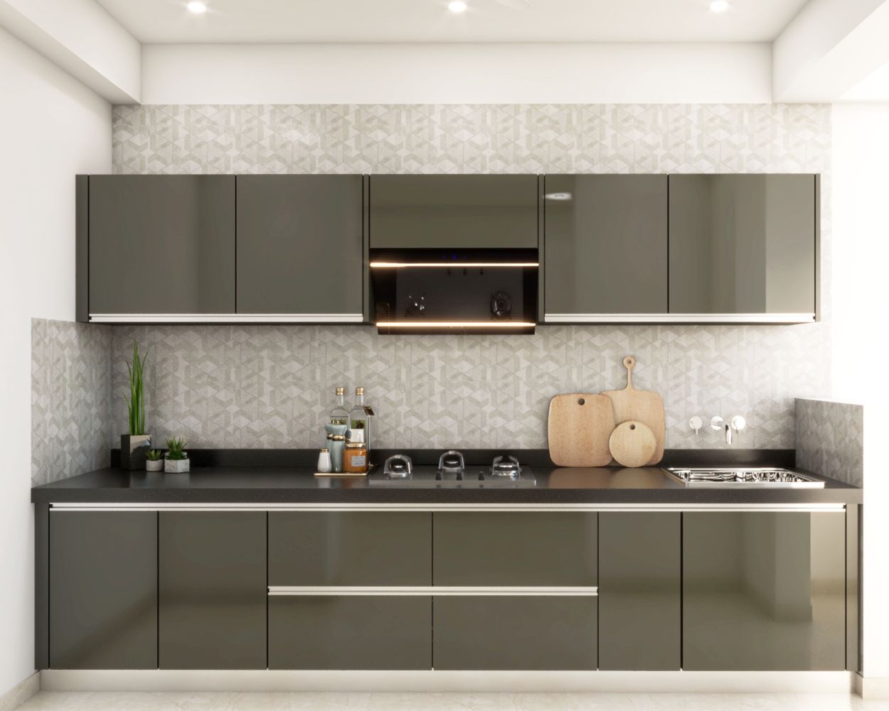 Modern Gothic Grey Straight Kitchen Design With G Profile Handles
