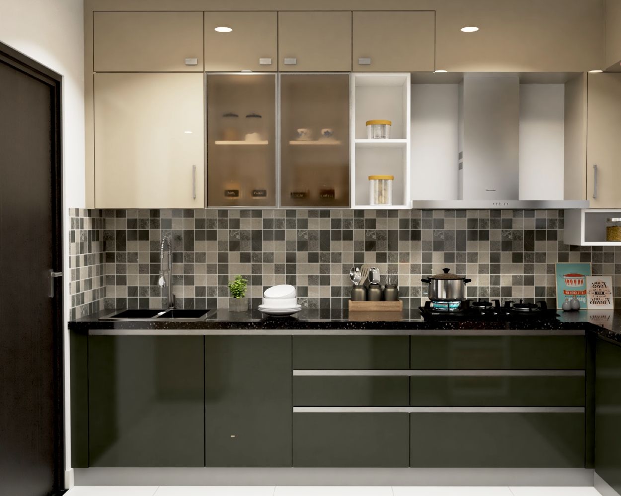 Modern Modular L Shaped Kitchen Design With Multicoloured Mosaic Dado Tiles