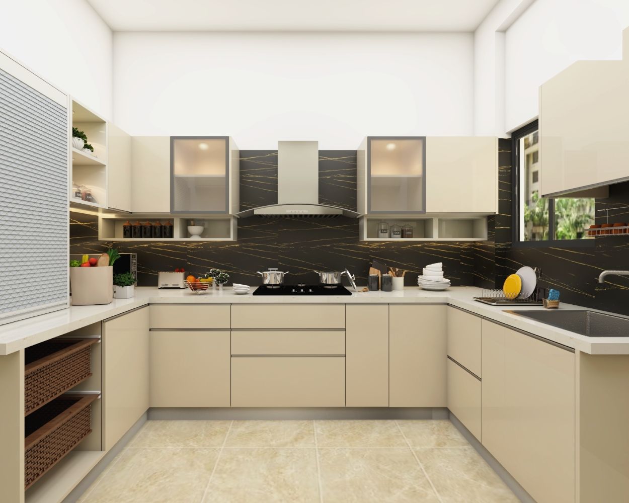 Modern U Shaped Modular Kitchen Design With Pearl White Cabinets