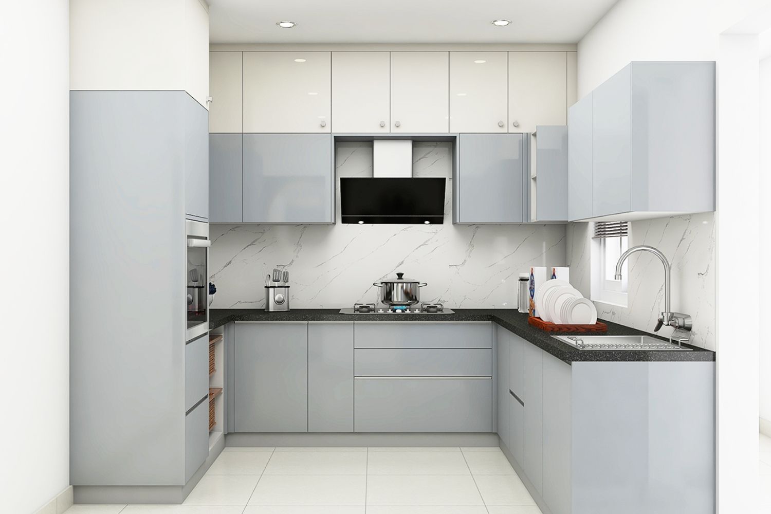 Modern Grey And White Modular U Shaped Kitchen Design With Granite Countertop