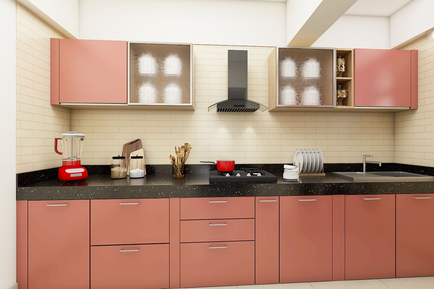 Modern Rose Pink Straight Modular Kitchen Design With Granite Countertop