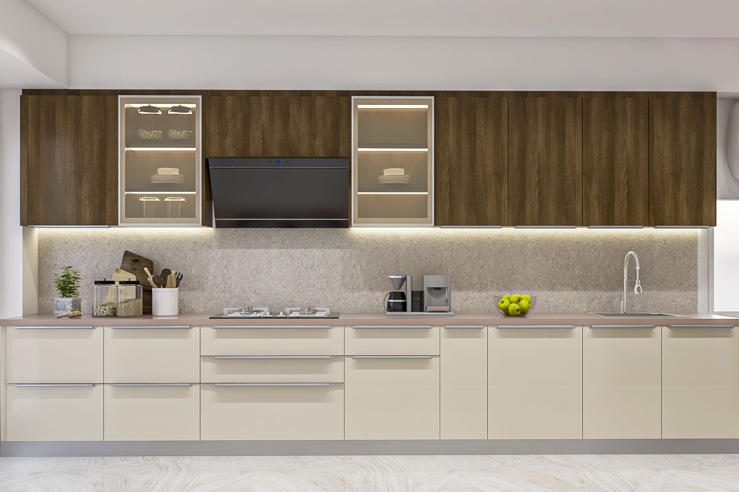 Modern Modular Straight Kitchen Cabinet Design With With Champagne And Wood Cabinets