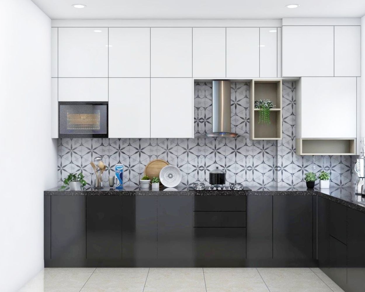 Modern Black And White L Shaped Modular Kitchen Design With Dado Tiles