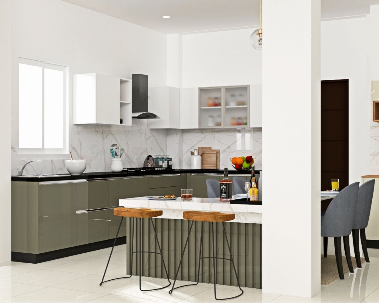 Contemporary Modular Open Kitchen Design With High-Gloss Green And White Cabinets