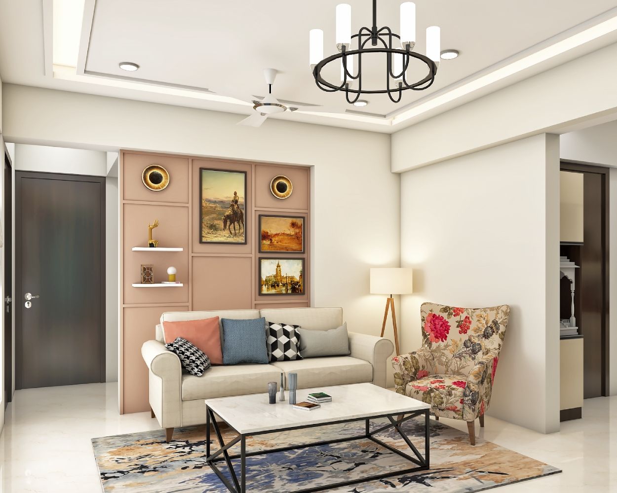 Living Room Design With Floral Accent Chair | Livspace