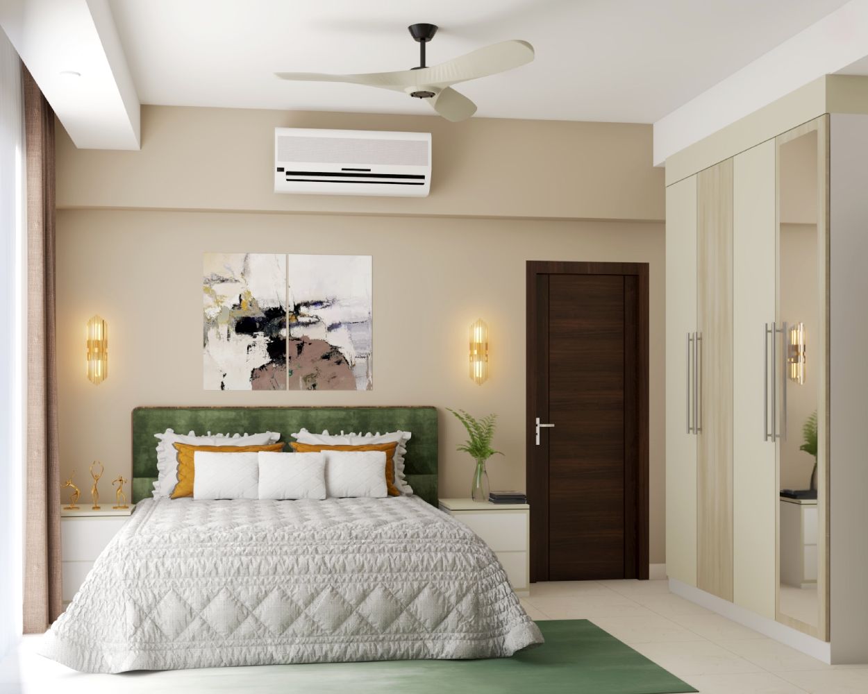 Modern Master Bedroom Design With Green Headboard