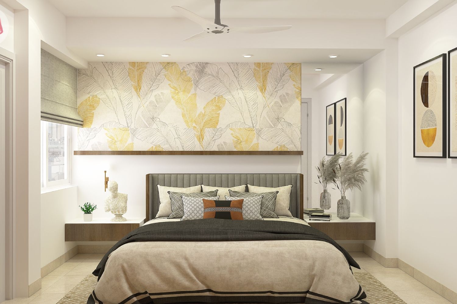 Modern Master Bedroom Design With Leafy Wallpaper