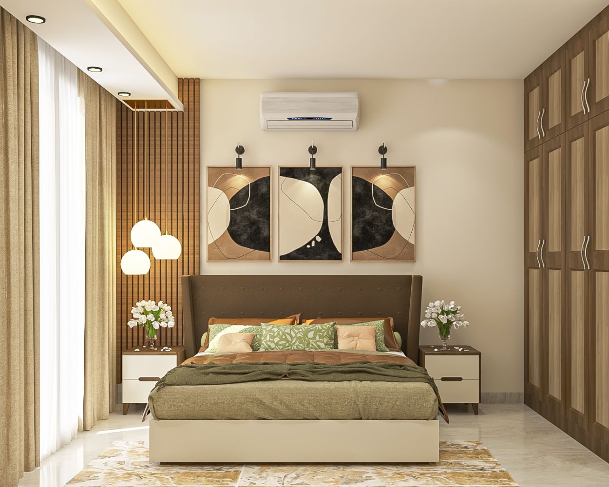 Mid-Century Modern Brown And Beige Master Bedroom Design With 4-Door Swing Wardrobe