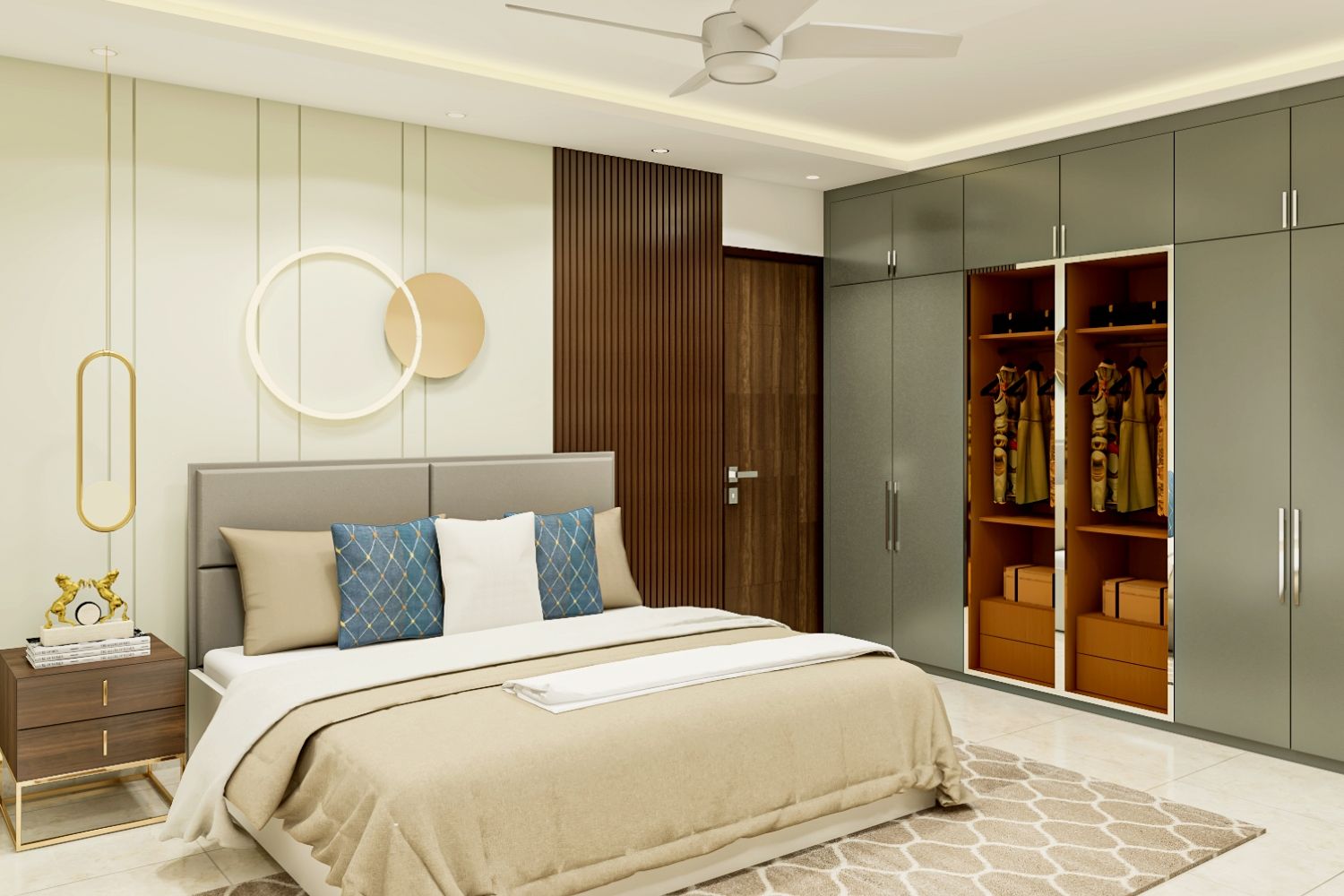 Contemporary Master Bedroom Design With 6-Door Olive Green Wardrobe